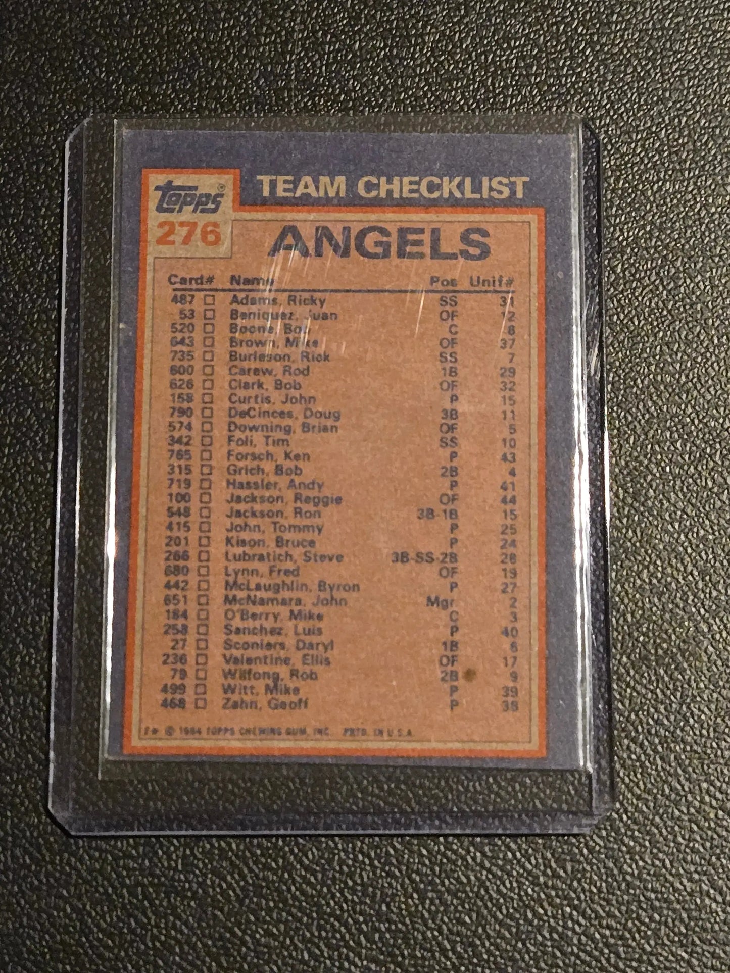 1989 Topps Angels Leaders Checklist featuring Rod Carew and Geoff Zahn in plastic sleeve