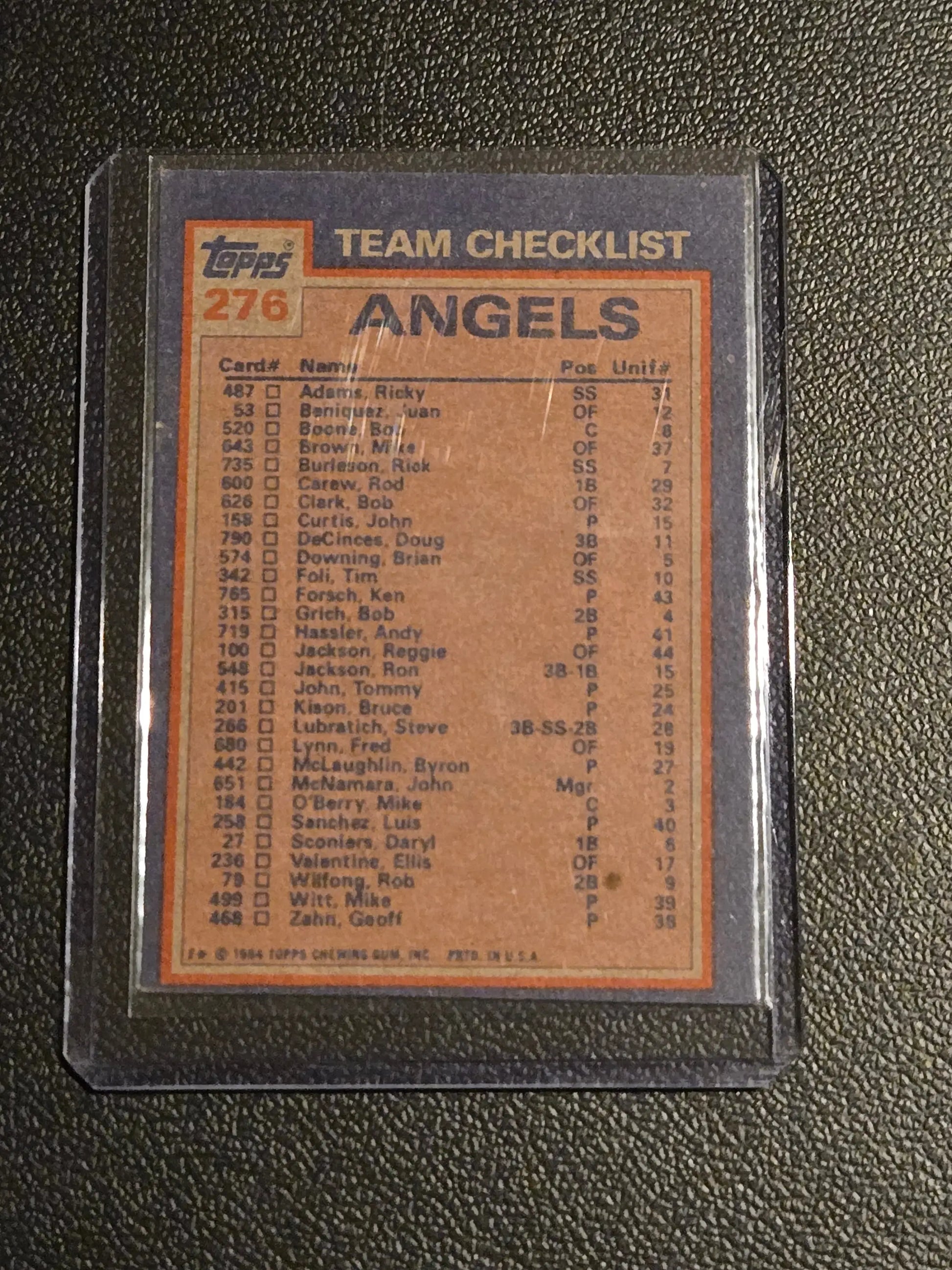 1989 Topps Angels Leaders Checklist featuring Rod Carew and Geoff Zahn in plastic sleeve