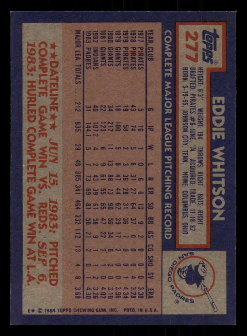 1984 Topps #277 Ed Whitson EX Excellent San Diego Padres Baseball Card - Baseball Card Single
