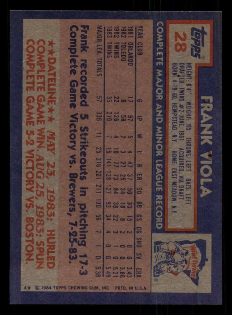 1984 Topps #28 Frank Viola EX Excellent Minnesota Twins Baseball Card - Baseball Card Single