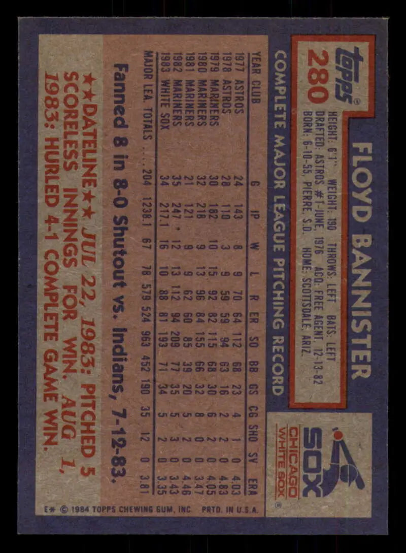 1984 Topps #280 Floyd Bannister EX Excellent Chicago White Sox Baseball Card - Baseball Card Single
