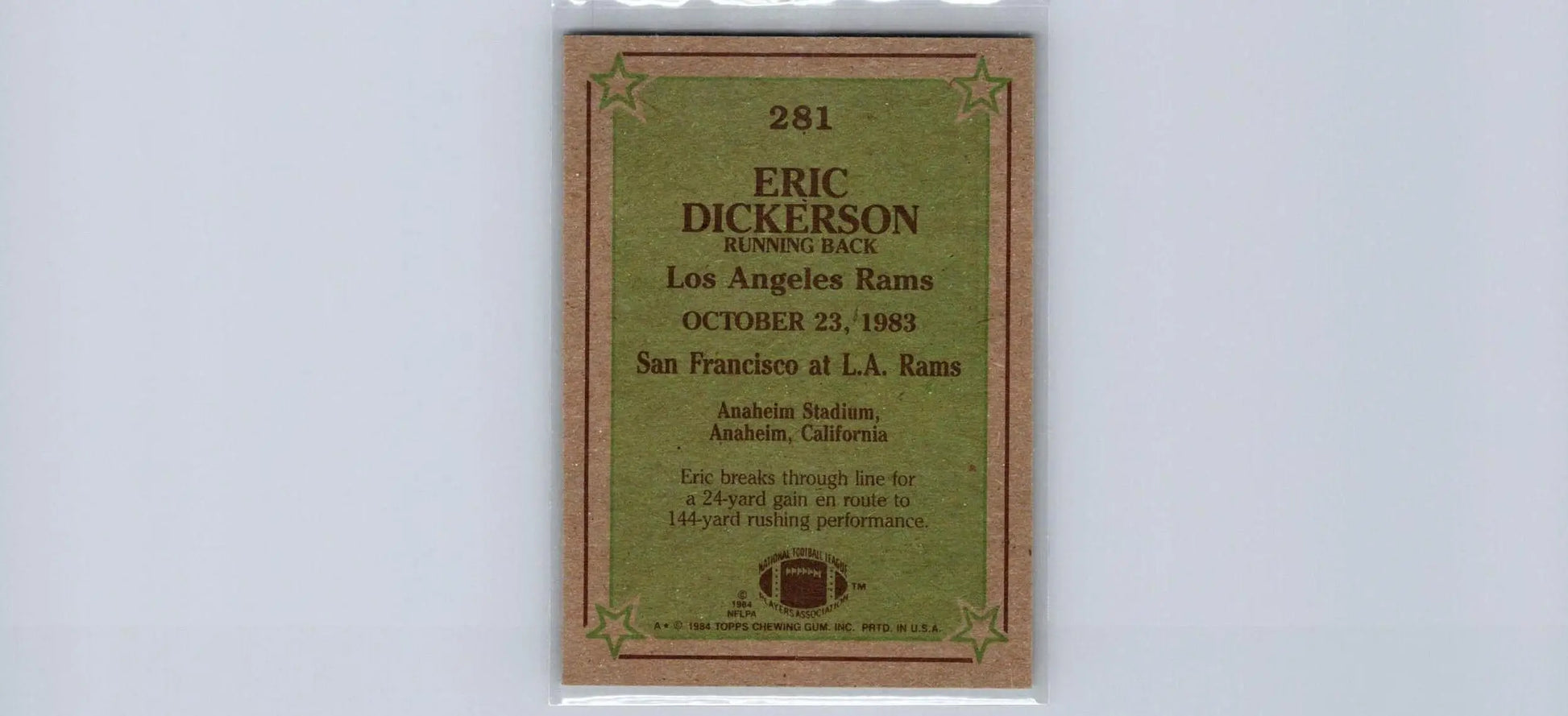 Eric Dickerson 1984 Topps #281 trading card showcasing the NFL legend’s iconic style