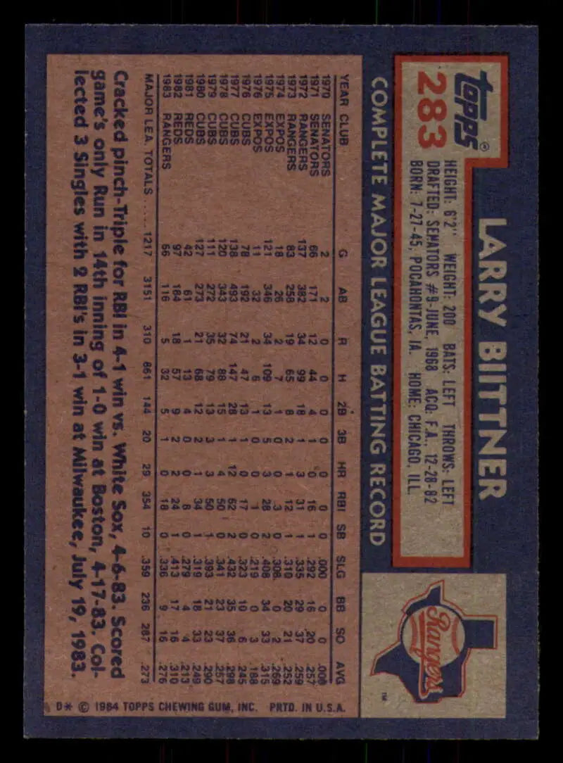 1984 Topps #283 Larry Biittner EX Excellent Texas Rangers Baseball Card - Baseball Card Single