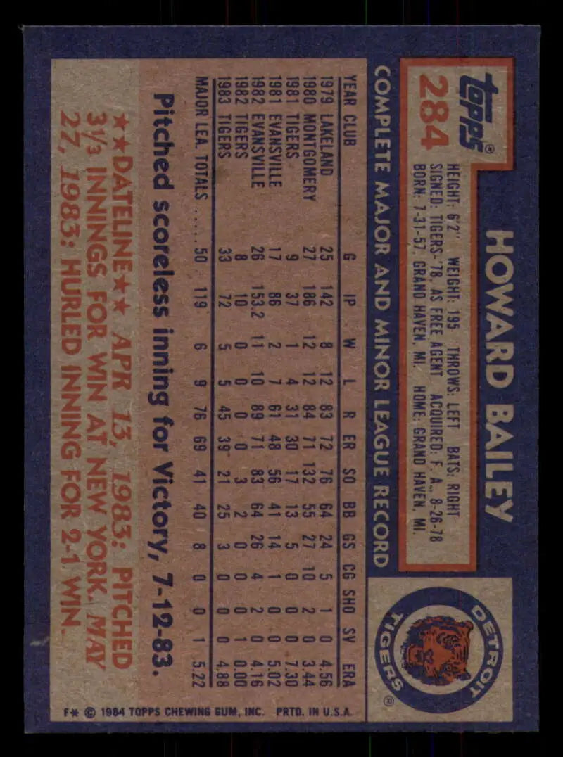 1984 Topps #284 Howard Bailey EX Excellent Detroit Tigers Baseball Card - Baseball Card Single