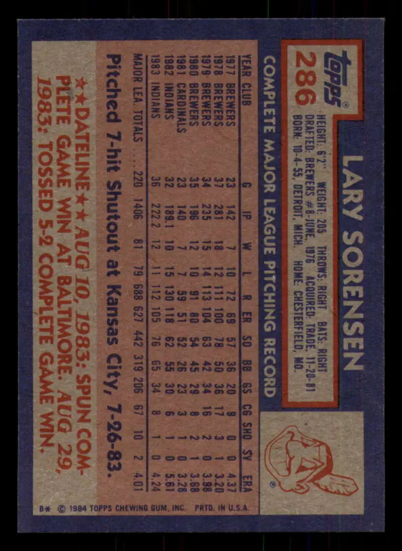 1984 Topps #286 Lary Sorensen EX Excellent Cleveland Indians Baseball Card - Baseball Card Single