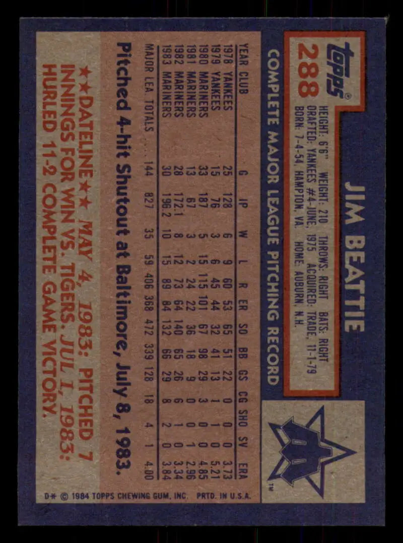 1984 Topps #288 Jim Beattie EX Excellent Seattle Mariners Baseball Card - Baseball Card Single
