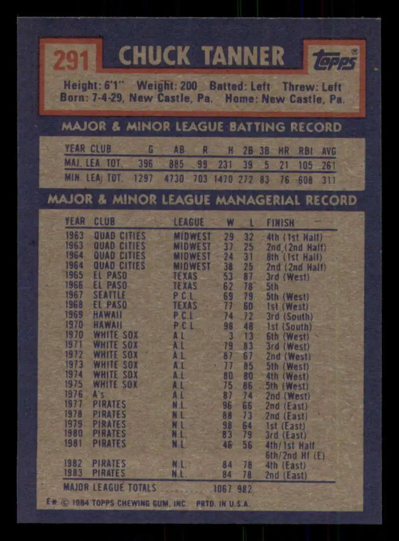 1984 Topps #291 Chuck Tanner EX Excellent Pittsburgh Pirates Baseball Card - Baseball Card Single