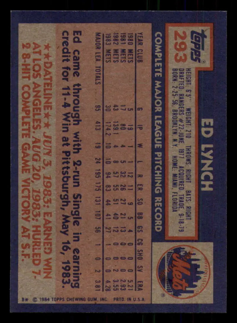 1984 Topps #293 Ed Lynch EX Excellent New York Mets Baseball Card - Baseball Card Single