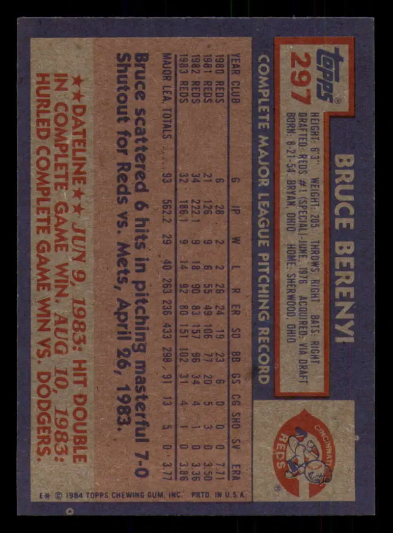 1984 Topps #297 Bruce Berenyi EX Excellent Cincinnati Reds Baseball Card - Baseball Card Single