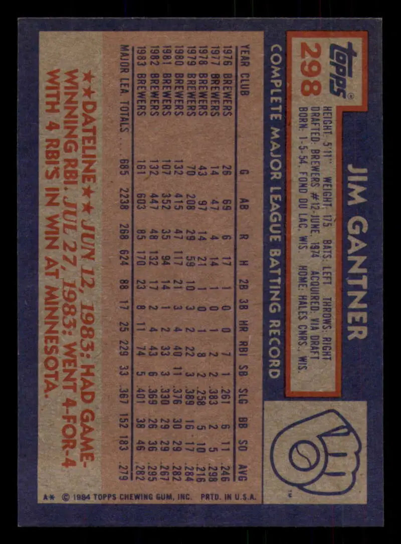 1984 Topps #298 Jim Gantner EX Excellent Milwaukee Brewers Baseball Card - Baseball Card Single