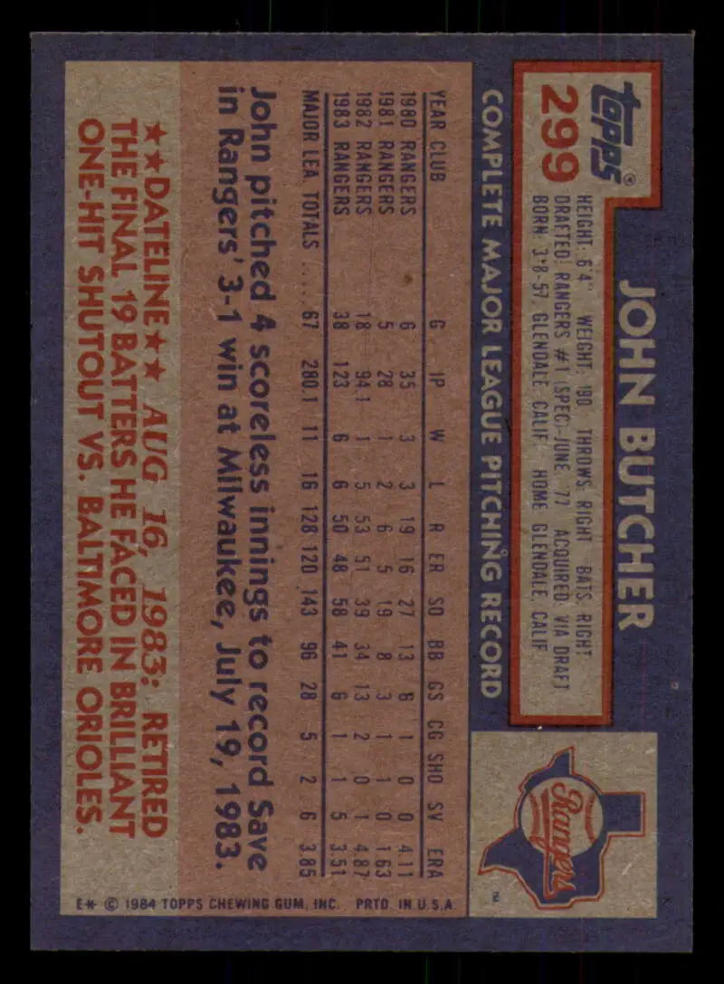 1984 Topps #299 John Butcher EX Excellent Texas Rangers Baseball Card - Baseball Card Single