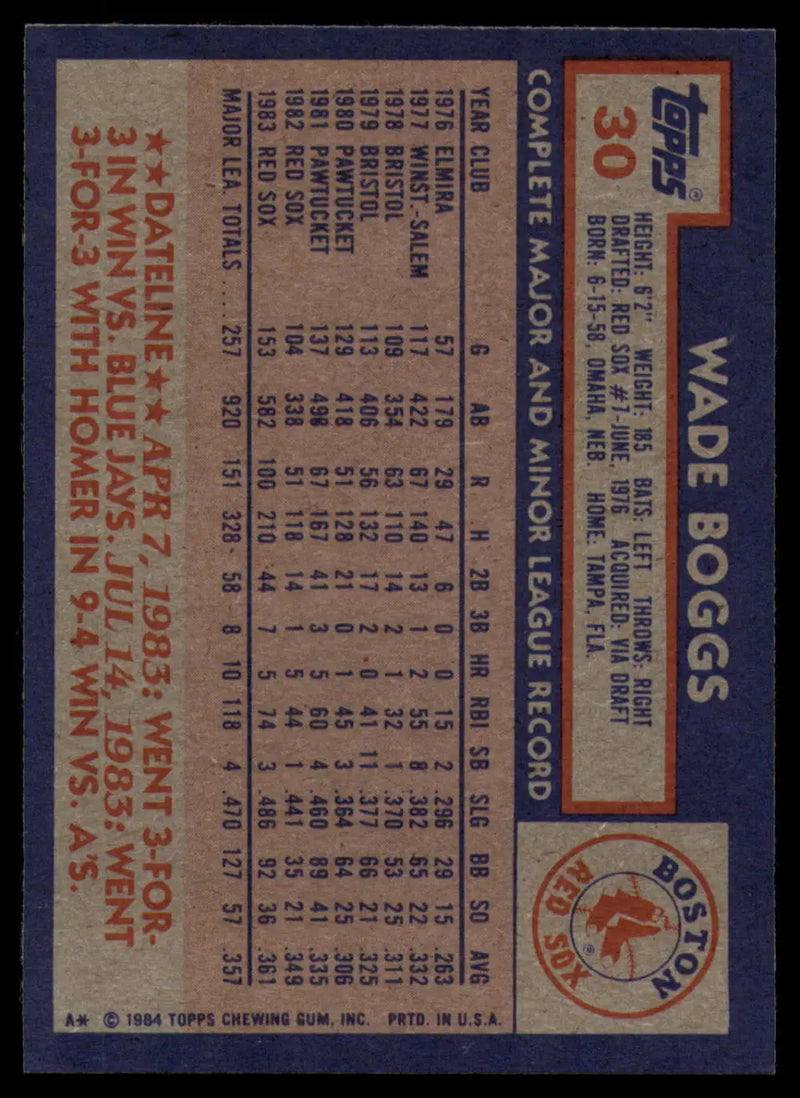 1984 Topps #30 Wade Boggs EX Excellent Boston Red Sox Baseball Card - Baseball Card Single