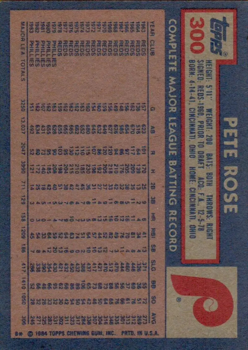 1984 Topps #300 Pete Rose EX Excellent Philadelphia Phillies Baseball Card - Baseball Card Single