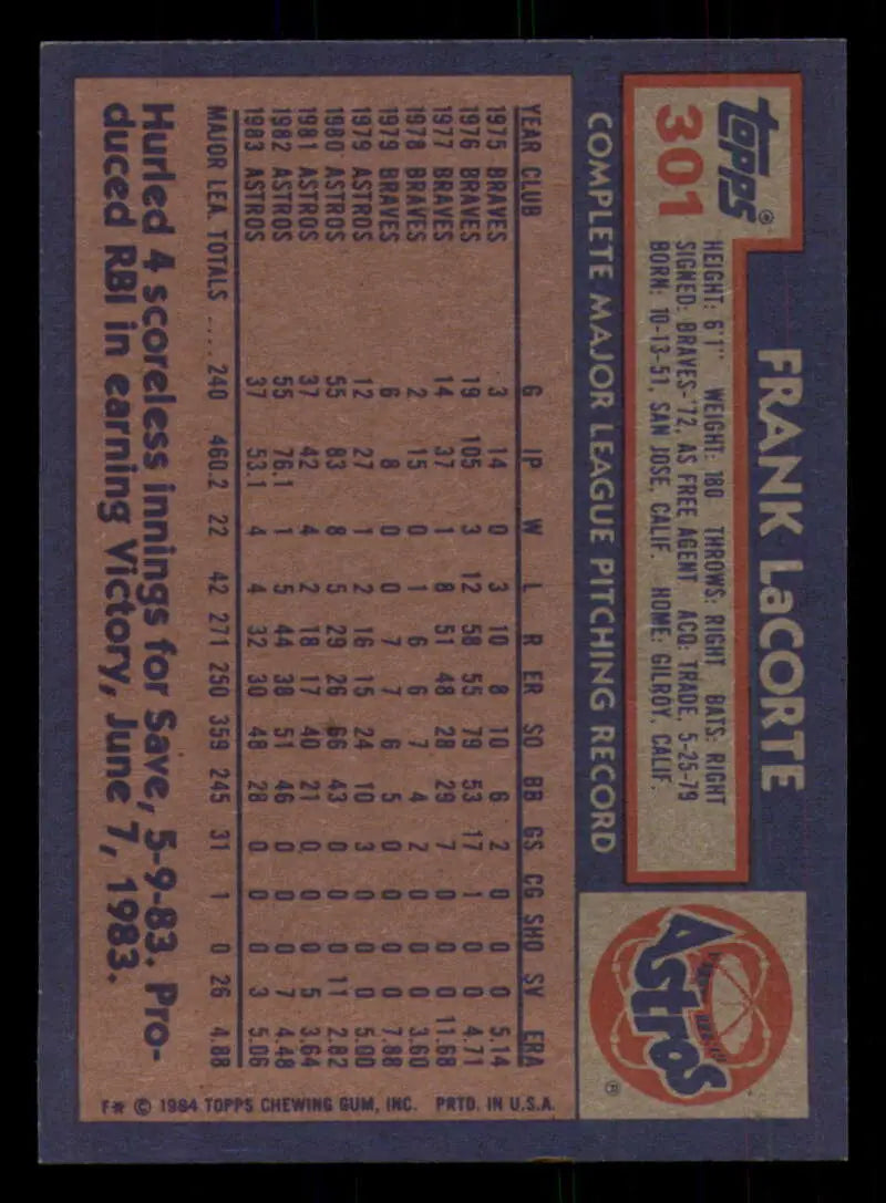 1984 Topps #301 Frank LaCorte EX Excellent Houston Astros Baseball Card - Baseball Card Single