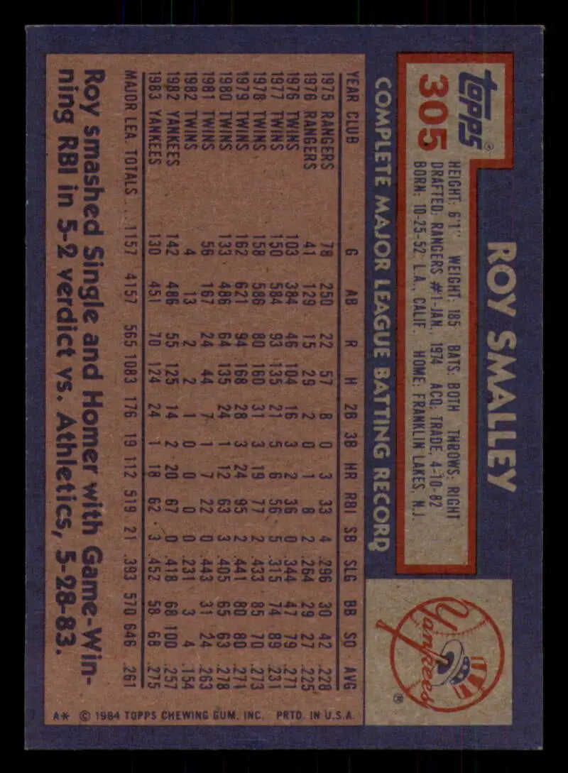 1984 Topps #305 Roy Smalley EX Excellent New York Yankees Baseball Card - Baseball Card Single