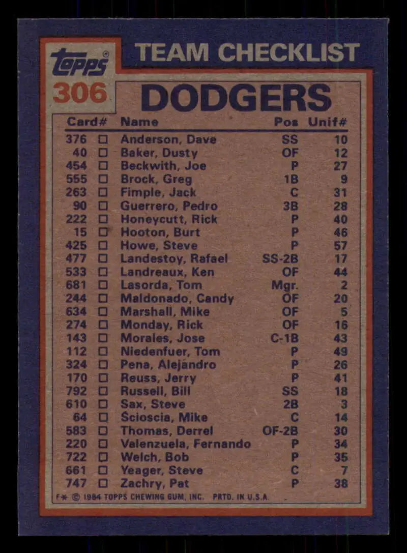 1984 Topps #306 Pedro Guerrero/Bob Welch EX Excellent Los Angeles Dodgers Baseball Card - Baseball Card Single