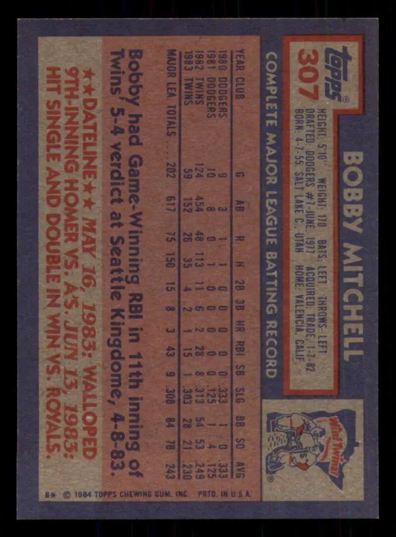 1984 Topps #307 Bobby Mitchell EX Excellent Minnesota Twins Baseball Card - Baseball Card Single