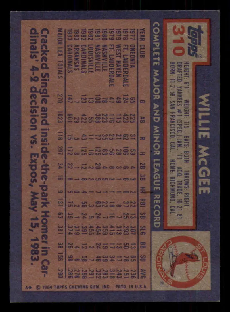 1984 Topps #310 Willie McGee EX Excellent St. Louis Cardinals Baseball Card - Baseball Card Single
