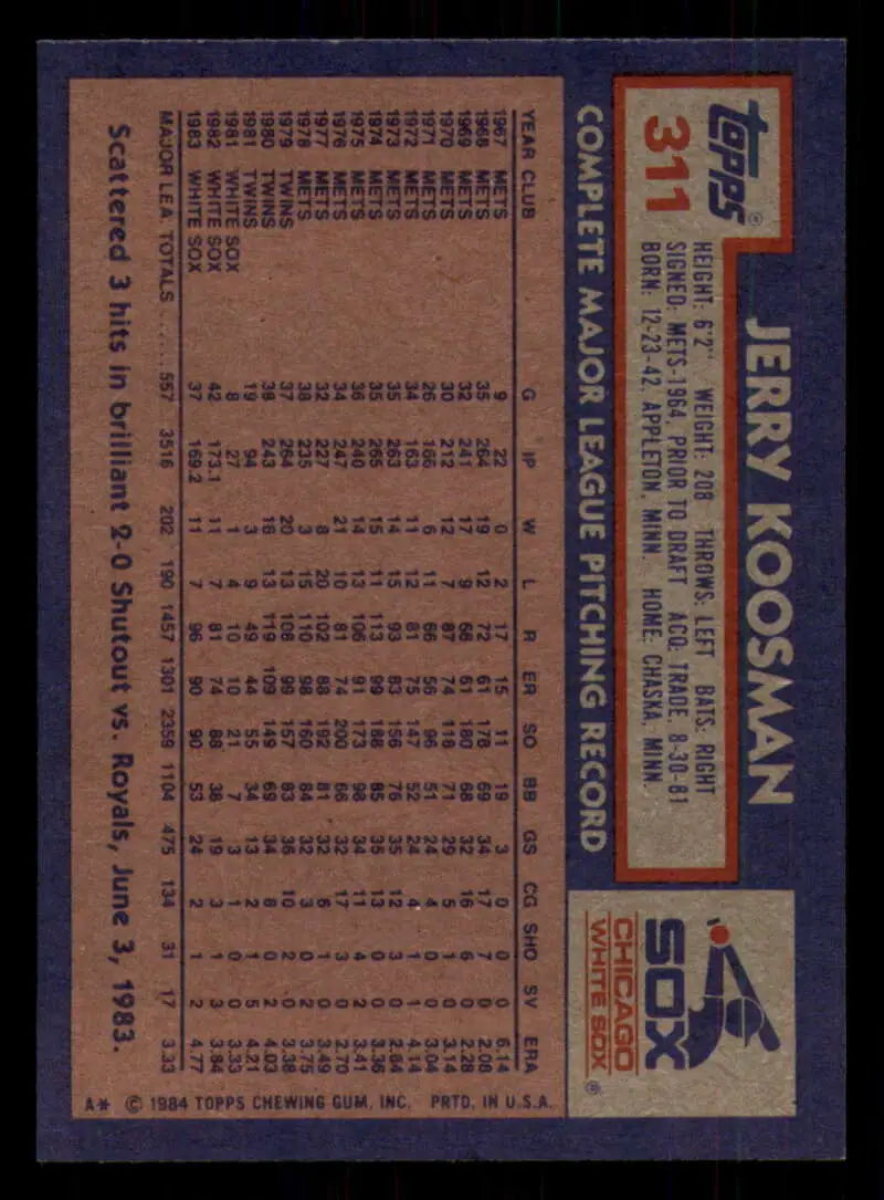 1984 Topps #311 Jerry Koosman EX Excellent Chicago White Sox Baseball Card - Baseball Card Single
