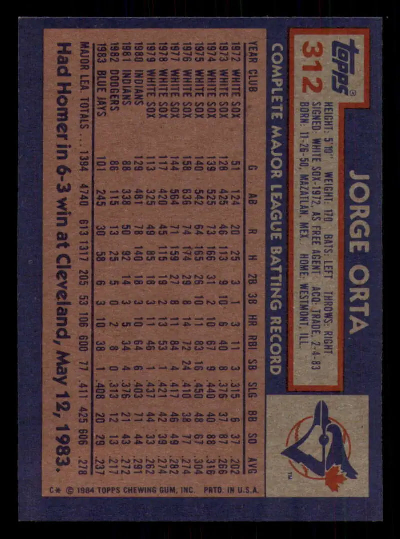 1984 Topps #312 Jorge Orta EX Excellent Toronto Blue Jays Baseball Card - Baseball Card Single