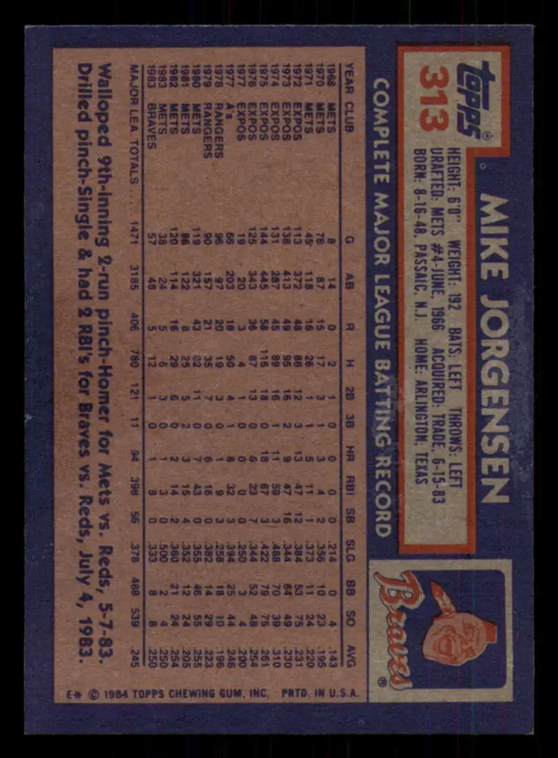 1984 Topps #313 Mike Jorgensen EX Excellent Atlanta Braves Baseball Card - Baseball Card Single