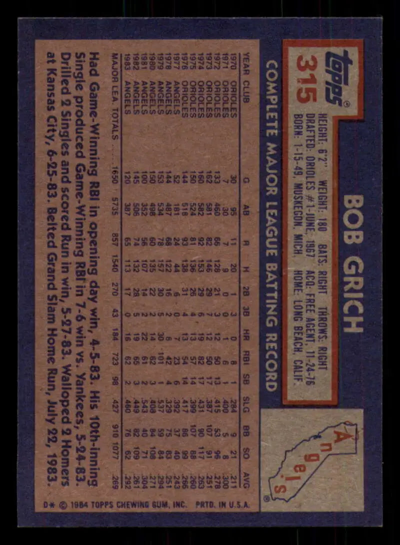 1984 Topps #315 Bobby Grich EX Excellent California Angels Baseball Card - Baseball Card Single