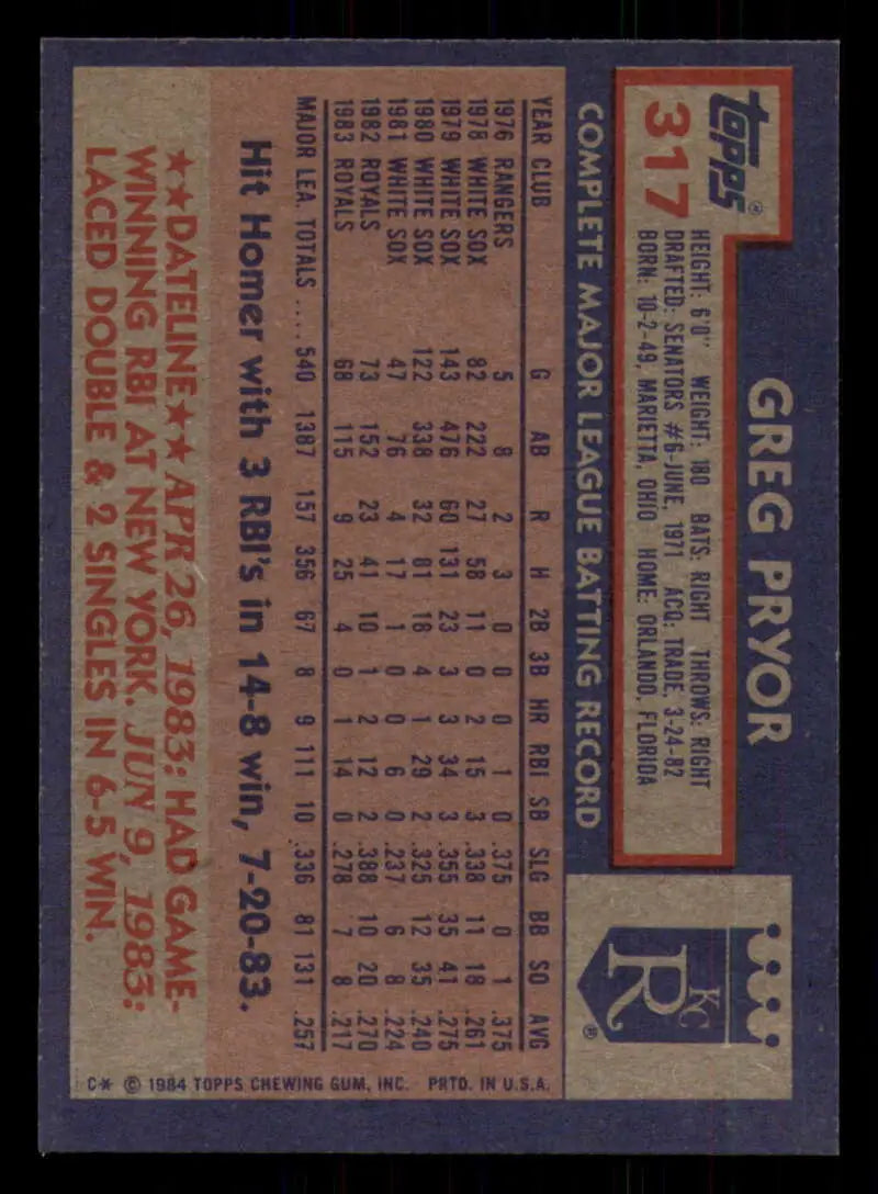 1984 Topps #317 Greg Pryor EX Excellent Kansas City Royals Baseball Card - Baseball Card Single