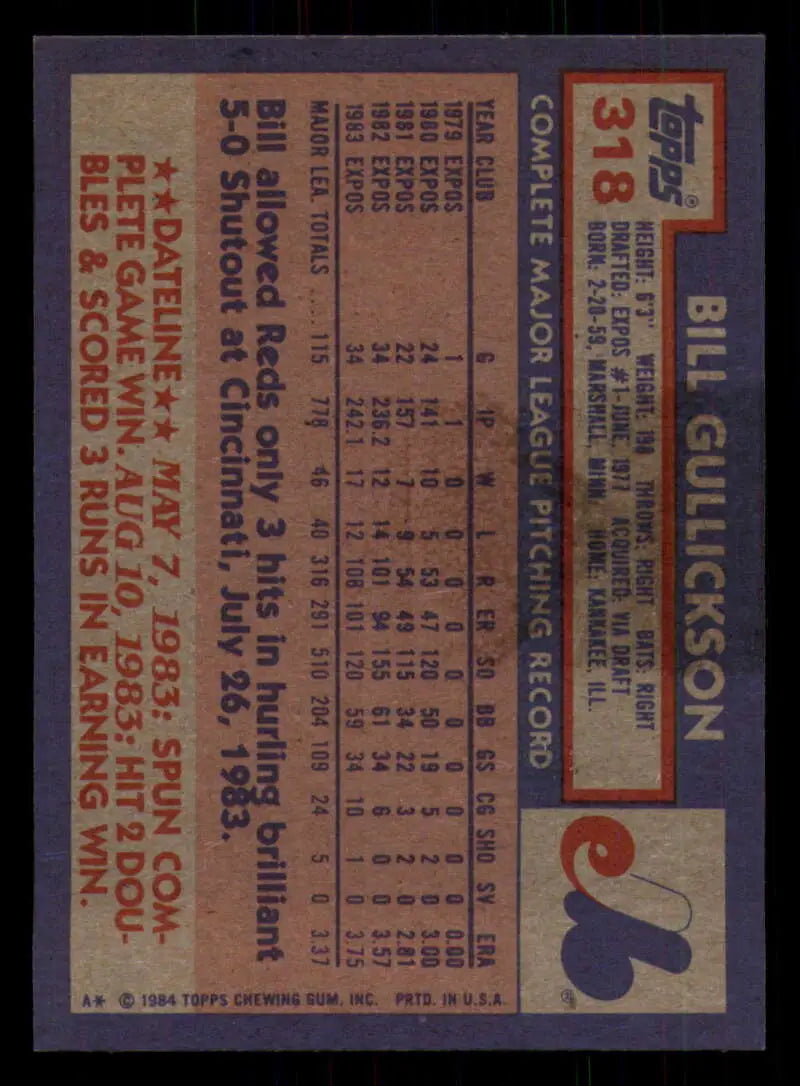 1984 Topps #318 Bill Gullickson EX Excellent Montreal Expos Baseball Card - Baseball Card Single