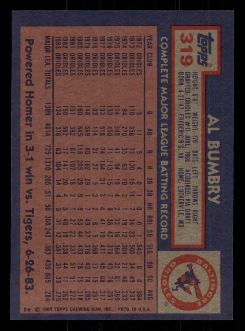 1984 Topps #319 Al Bumbry EX Excellent Baltimore Orioles Baseball Card - Baseball Card Single
