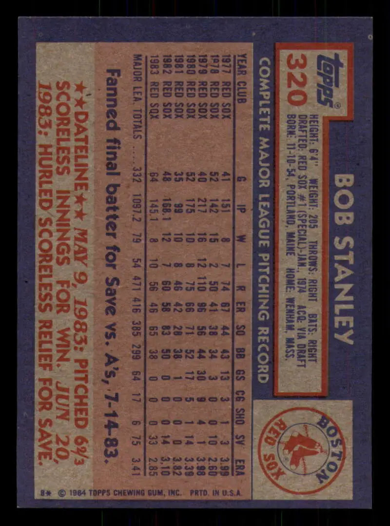 1984 Topps #320 Bob Stanley EX Excellent Boston Red Sox Baseball Card - Baseball Card Single