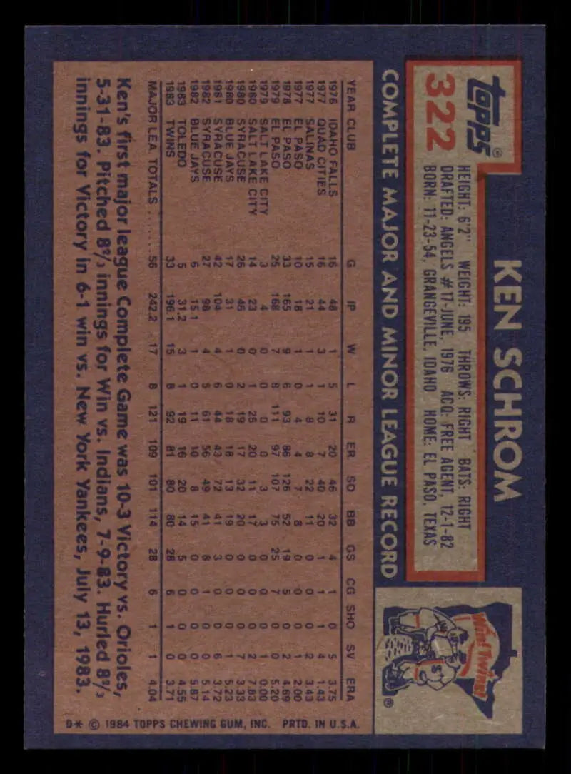1984 Topps #322 Ken Schrom EX Excellent Minnesota Twins Baseball Card - Baseball Card Single