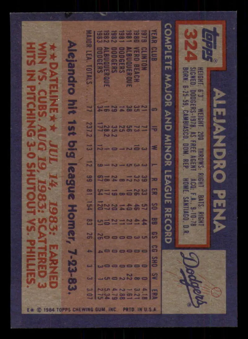 1984 Topps #324 Alejandro Pena EX Excellent RC Rookie Los Angeles Dodgers Baseball Card - Baseball Card Single