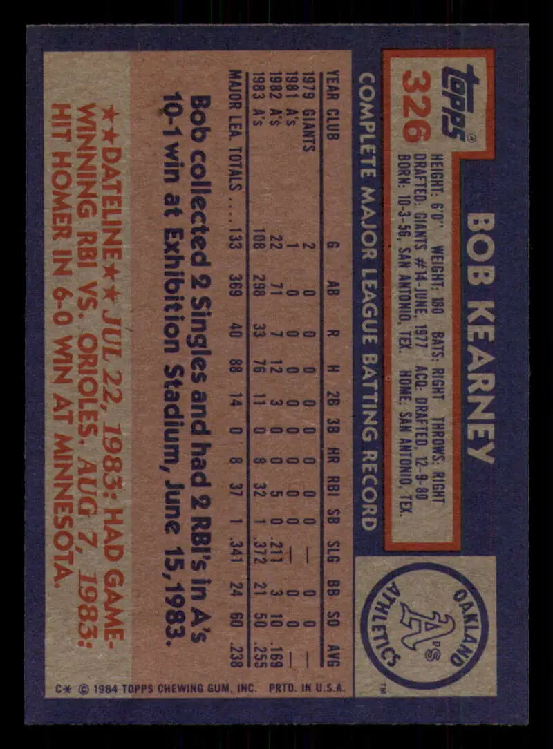 1984 Topps #326 Bob Kearney EX Excellent Oakland Athletics Baseball Card - Baseball Card Single