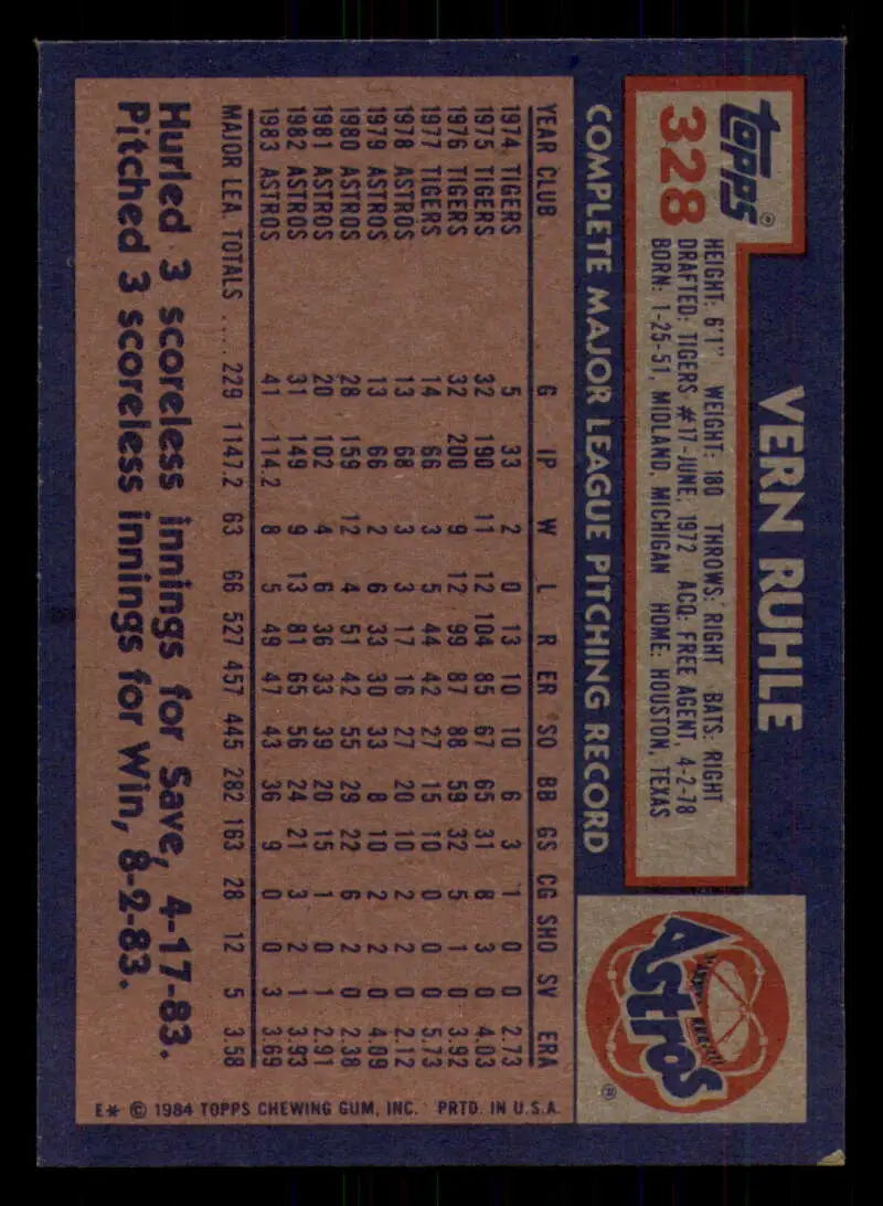 1984 Topps #328 Vern Ruhle EX Excellent Houston Astros Baseball Card - Baseball Card Single