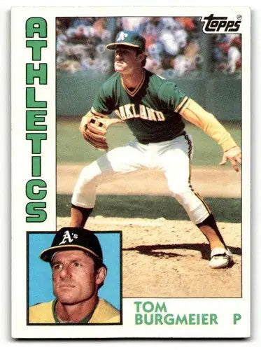 Original gloss Tom Burgmeier Oakland baseball card from 1984 Topps #33 featuring Burgmeier Oakland Athletics