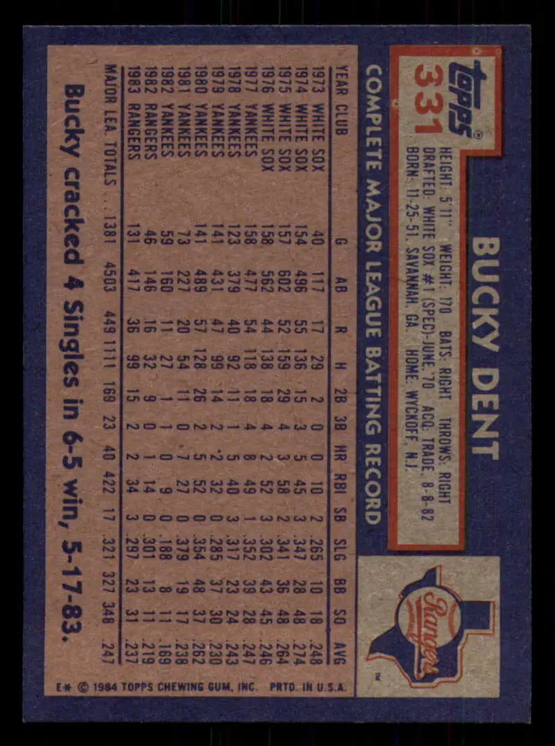 1984 Topps #331 Bucky Dent EX Excellent Texas Rangers Baseball Card - Baseball Card Single