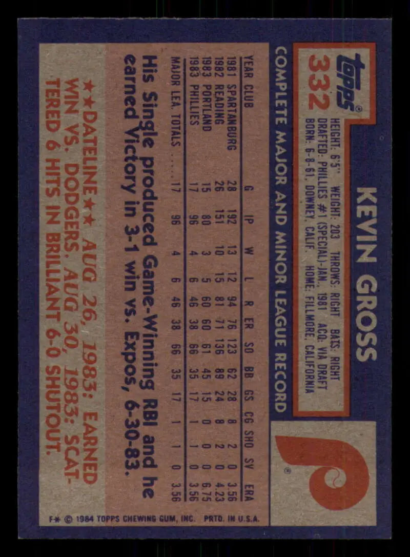 1984 Topps #332 Kevin Gross EX Excellent RC Rookie Philadelphia Phillies Baseball Card - Baseball Card Single