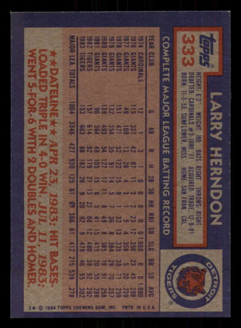 1984 Topps #333 Larry Herndon EX Excellent Detroit Tigers Baseball Card - Baseball Card Single