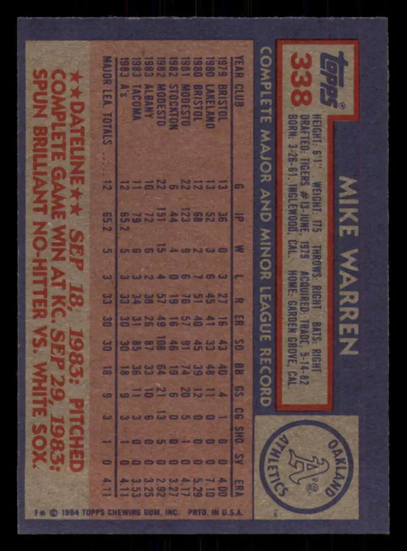 1984 Topps #338 Mike Warren EX Excellent Oakland Athletics Baseball Card - Baseball Card Single