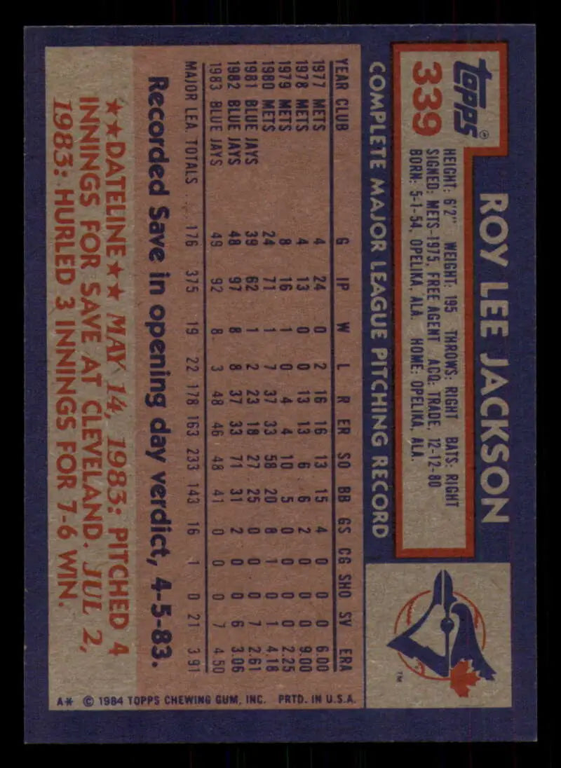 1984 Topps #339 Roy Lee Jackson EX Excellent Toronto Blue Jays Baseball Card - Baseball Card Single
