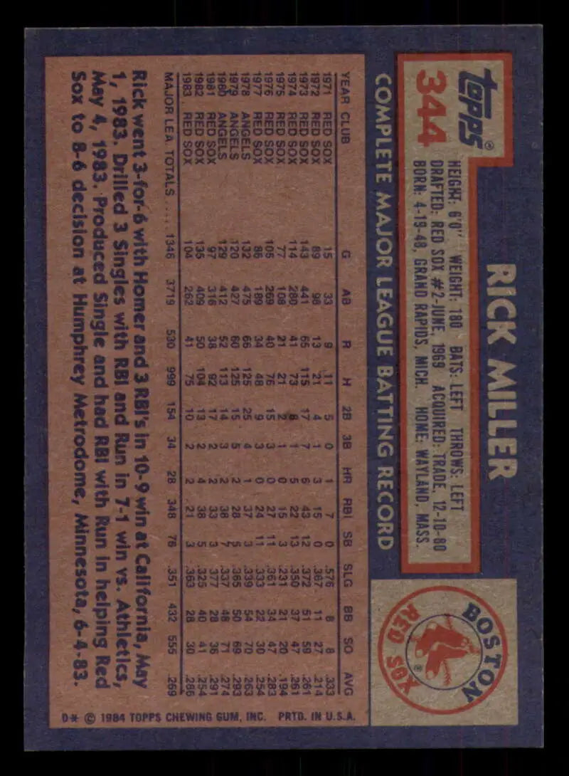 1984 Topps #344 Rick Miller EX Excellent Boston Red Sox Baseball Card