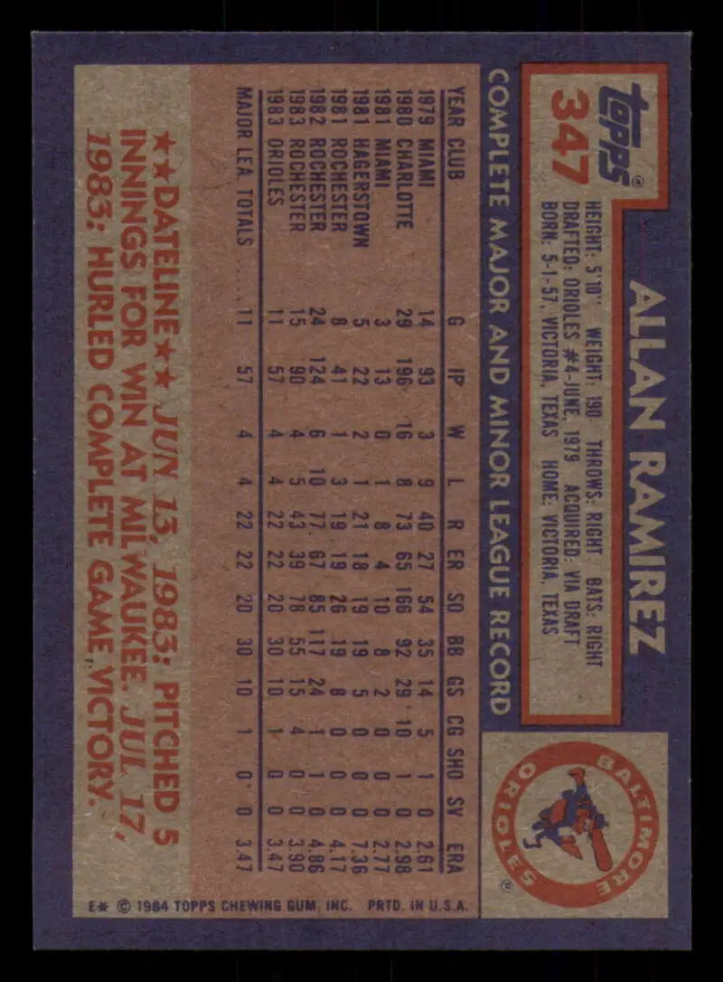 1984 Topps #347 Allan Ramirez EX Excellent Baltimore Orioles Baseball Card - Baseball Card Single