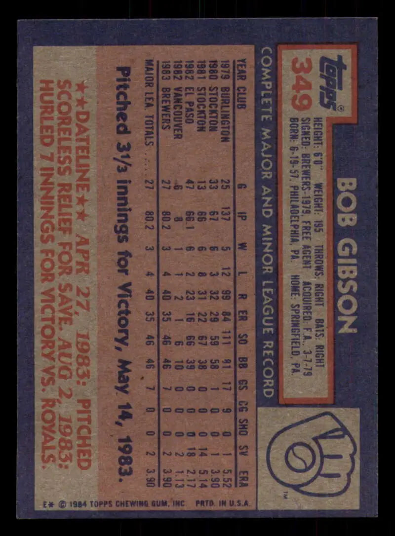1984 Topps #349 Bob Gibson EX Excellent RC Rookie Milwaukee Brewers Baseball Card - Baseball Card Single