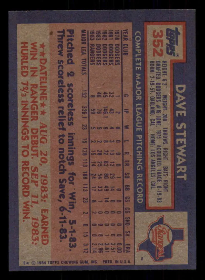 1984 Topps #352 Dave Stewart EX Excellent Texas Rangers Baseball Card - Baseball Card Single