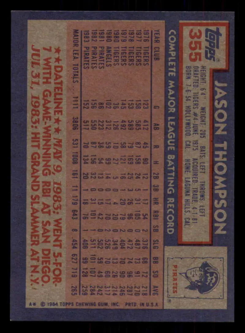 1984 Topps #355 Jason Thompson EX Excellent Pittsburgh Pirates Baseball Card - Baseball Card Single