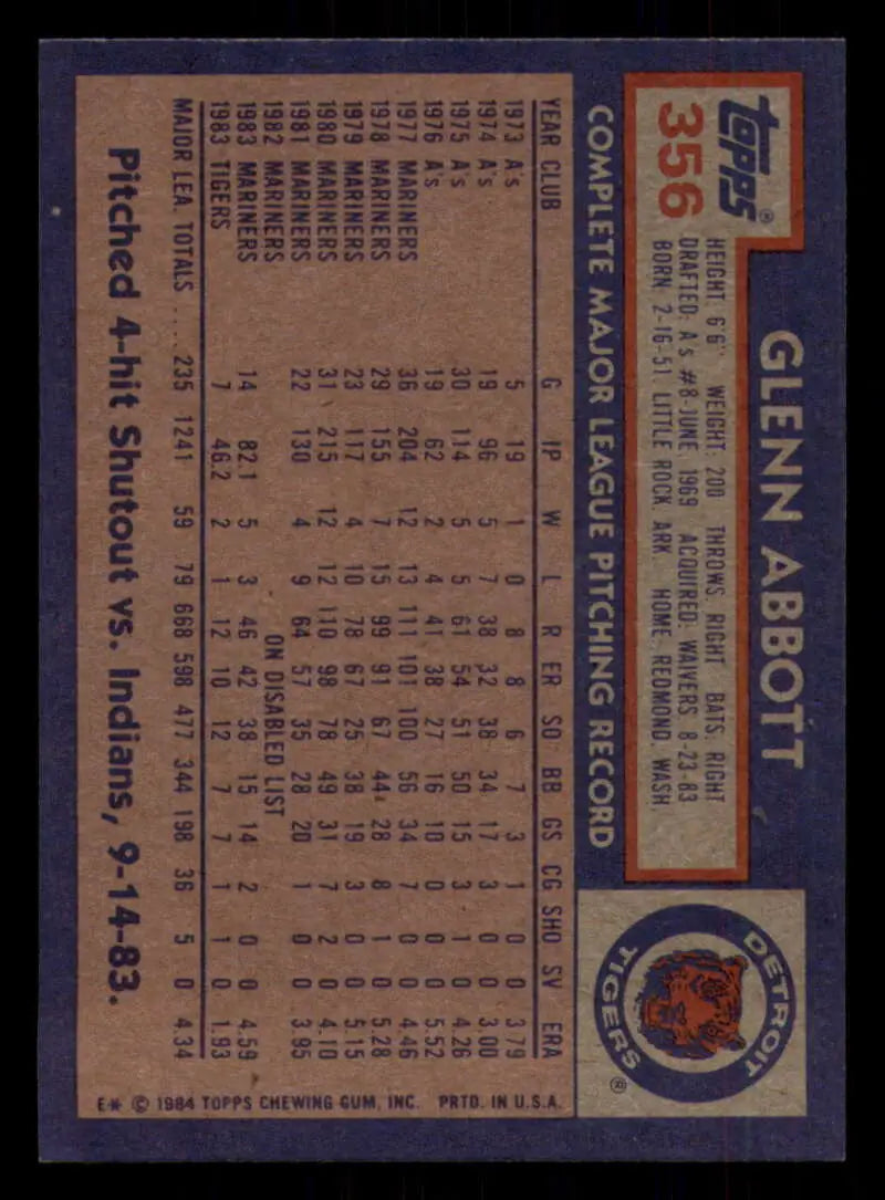 1984 Topps #356 Glenn Abbott EX Excellent Detroit Tigers Baseball Card - Baseball Card Single