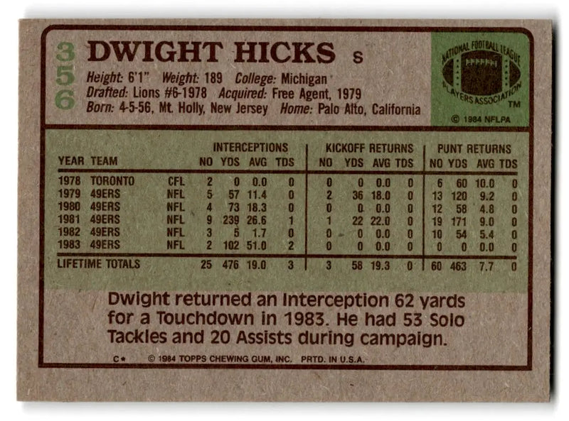 1984 Topps #356a Dwight Hicks - Football Card Single