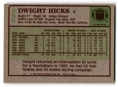 1984 Topps #356a Dwight Hicks