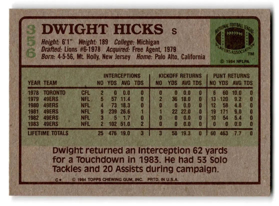 1984 Topps #356b Dwight Hicks - Football Card Single