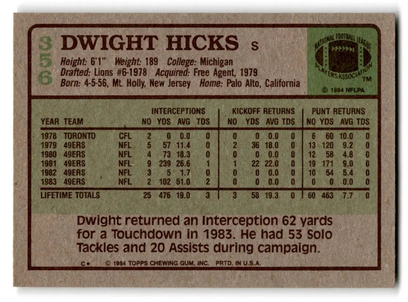 1984 Topps #356b Dwight Hicks - Football Card Single
